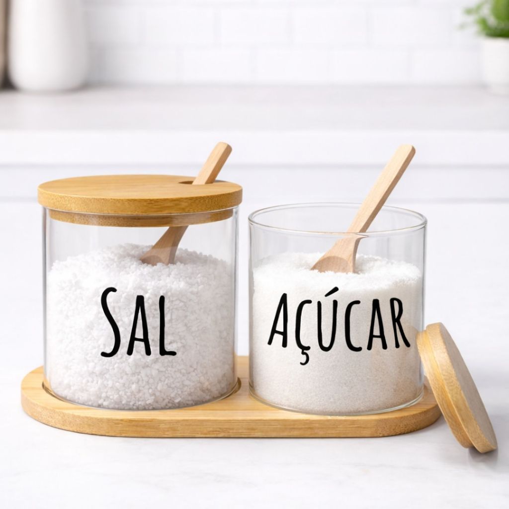 Kit Saleiro e Açucareiro de Vidro com Tampa de Bambu e Bandeja com Colher