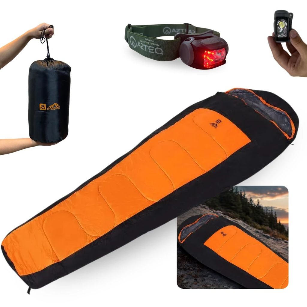 Saco de Dormir Sarcófago Xtreme + Lanterna de Cabeça Camping Mistik Azteq Luz Vermelha