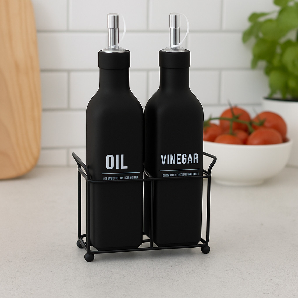Kit Galheteiro Vidro 300ml Dosador + Suporte Preto Hauskraft Manhattan Black Elegante Azeite Vinagre (ENVIO IMEDIATO)