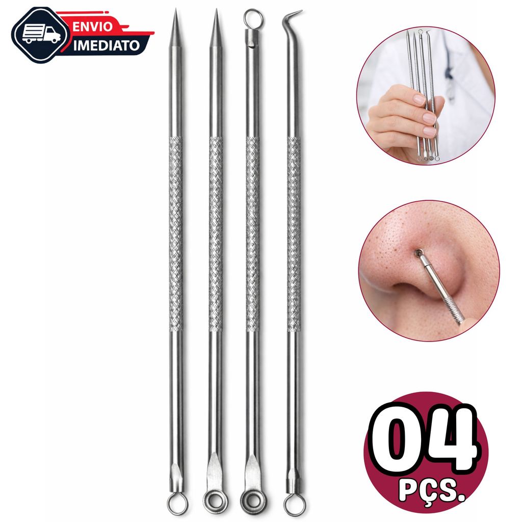 Kit Profissional Removedor De Cravos e Acne C/ 4 Peças De Ponta Dupla Pinça/Agulha/ Extrator