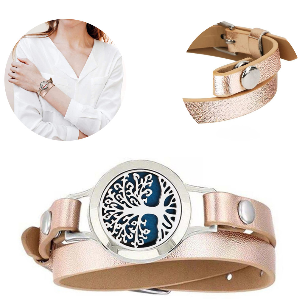 Pulseira de Couro Feminina Difusor de Aromas Perfume Arvore da Vida Aço Inoxidável + 5 Almofadas Pad