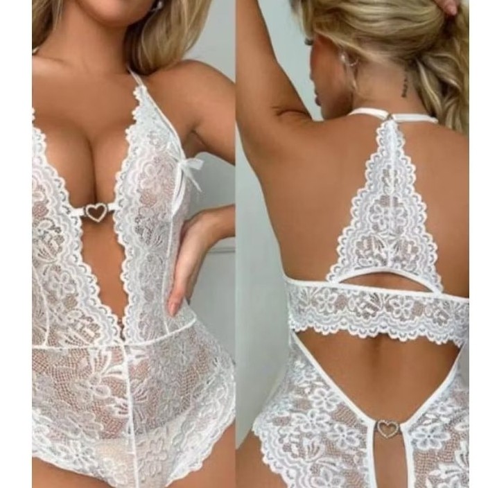 body lingerie rendada 2 coracoes copm abertura e decote provocante