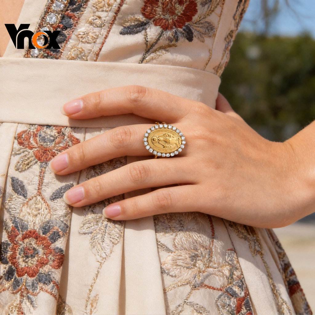 Anel Oval Da Virgem Maria Com Zircônia Vnox Para Mulheres E Meninas , Anéis Abertos De Fé Cristã Em Aço Inoxidável Ouro