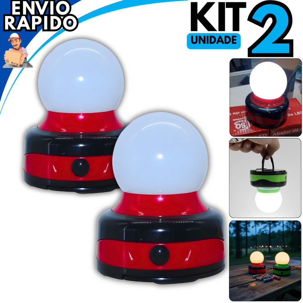 Kit com 2 Luminárias Lamparina LED Abajur Portátil a Pilha Econômico e Sem Fio para Casa, Trabalho e Acampamento