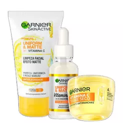 Kit Garnier SkinActive Uniform & Matte Vitamina C Limpeza e Toque Seco (3 Produtos)