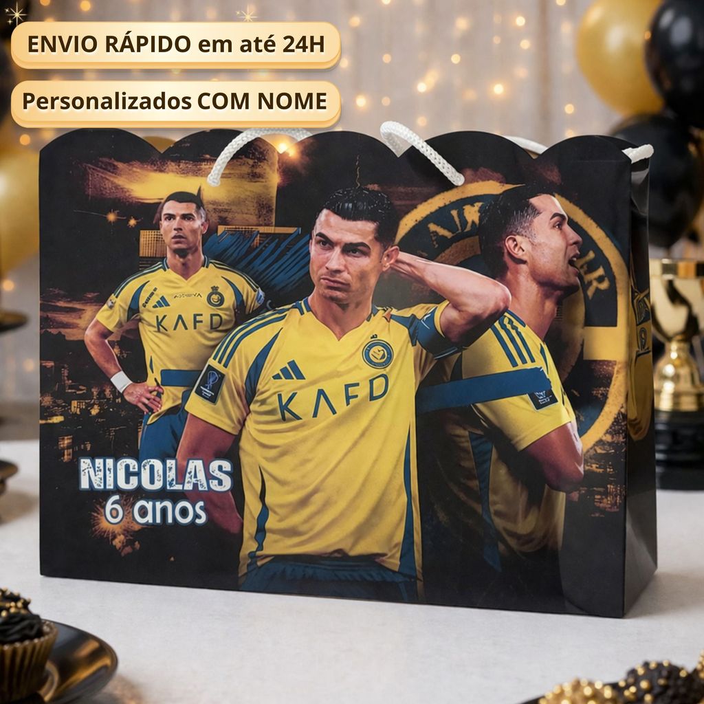 Sacolinha G Al Nassr 3 Cristiano Ronaldo Pegue Monte Personalizada Caixinha Lembrancinha Kit Festa Luxo Sacolinha Grande