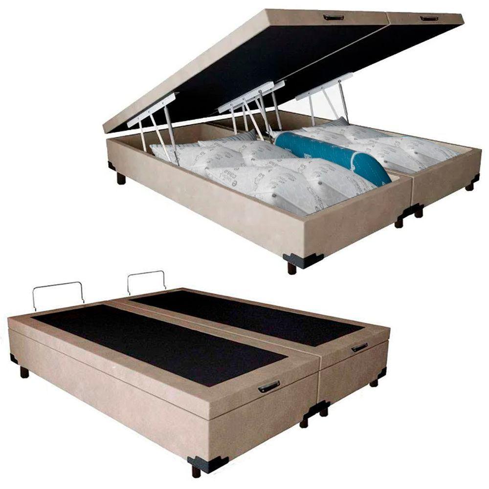 Cama-Box Baú Casal Bipartido Bege Suede 138x188x45cm