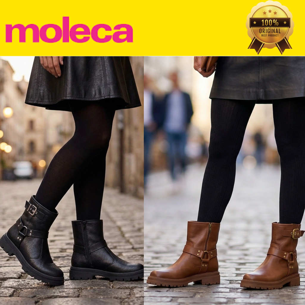 Bota Feminina Moleca Napa Preta Cano Curto Tratorada com Fivela Coturno Casual Confortável