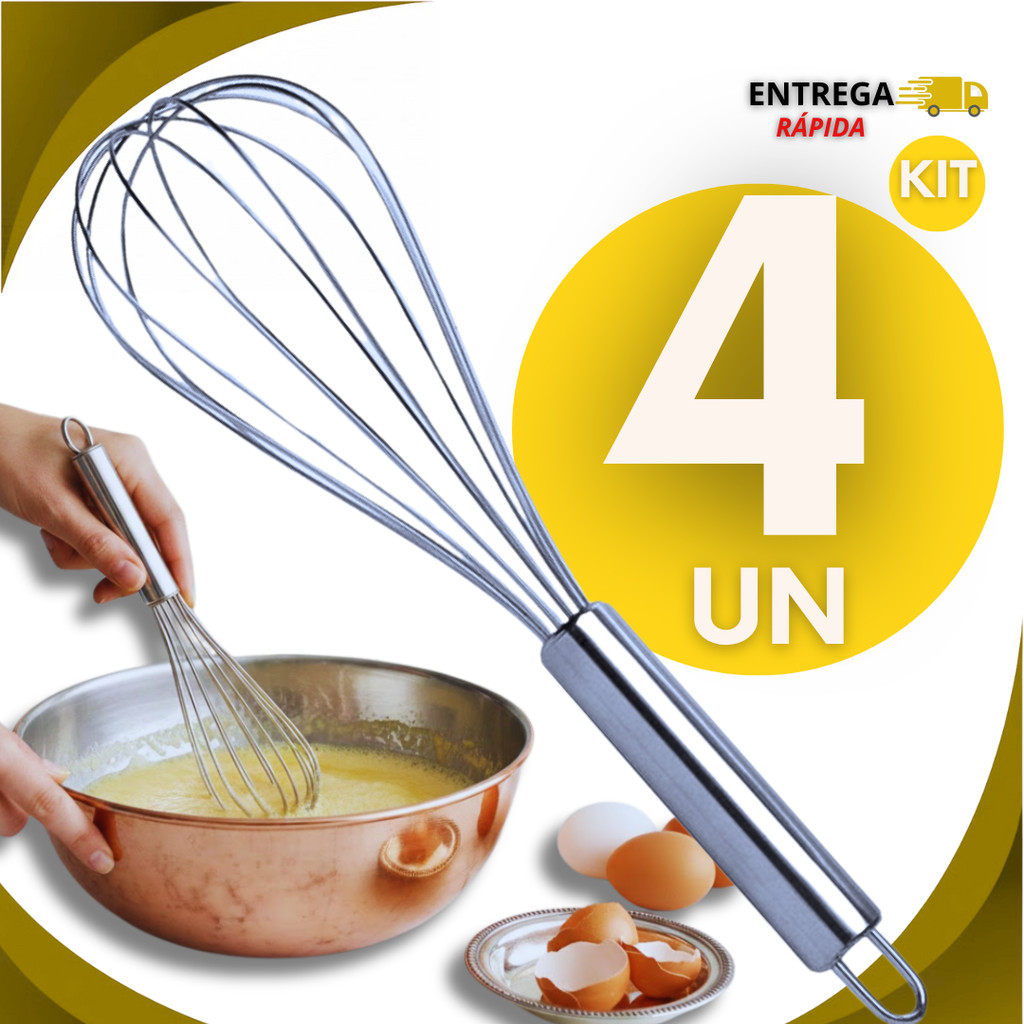 Jogo 04 Peças Batedor De Ovos Bate Claras Creme Fouet Fue Aço Inox 24cm Casa Cozinha Utilidades