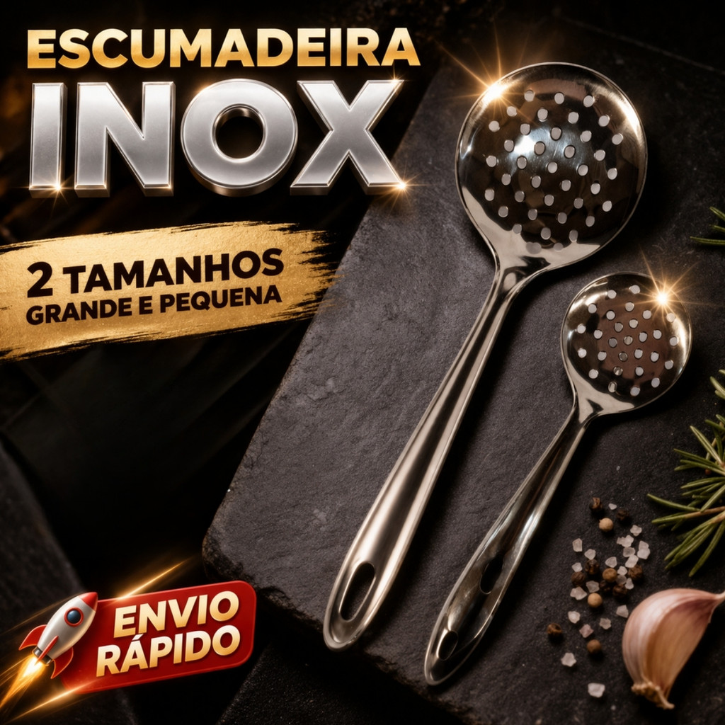 Kit 2 Escumadeira Tradicional Aço Inoxidável Maciço Arroz Resistente Grande e Pequena Premium