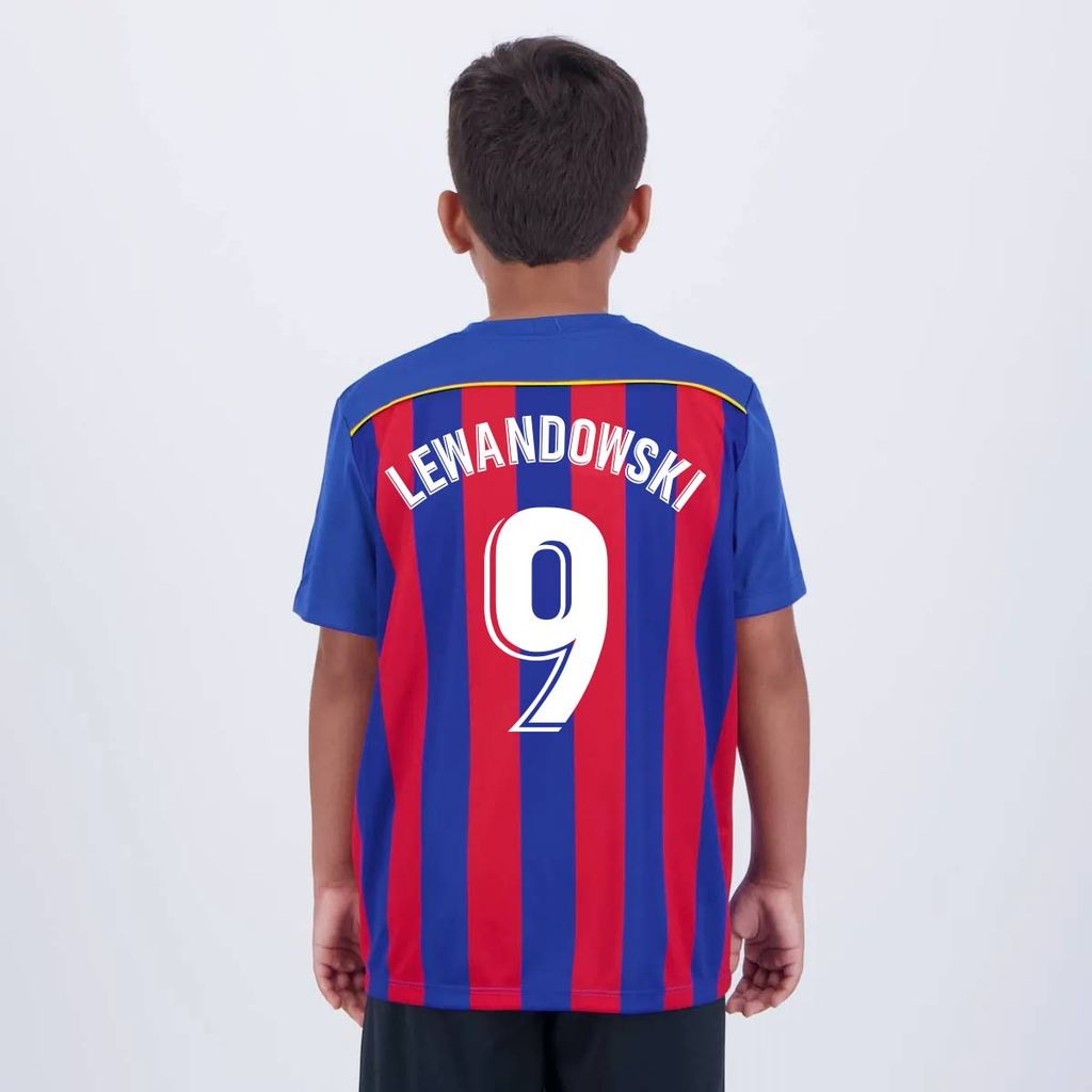 Camisa Barcelona Listrada Juvenil Azul e Vermelha 9 Lewandowski