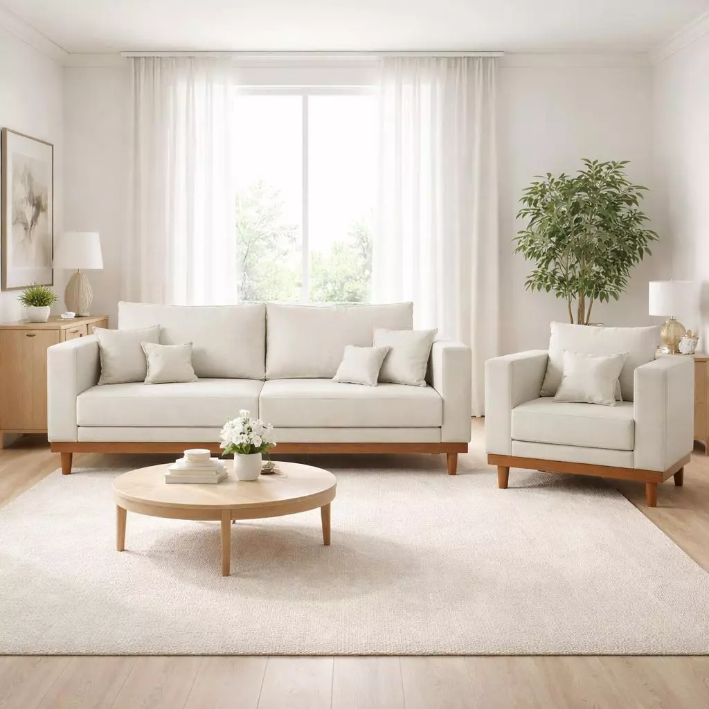 Kit Poltrona Living + Sofá 2 Lugares com Base Madeira Suede — imagem 1