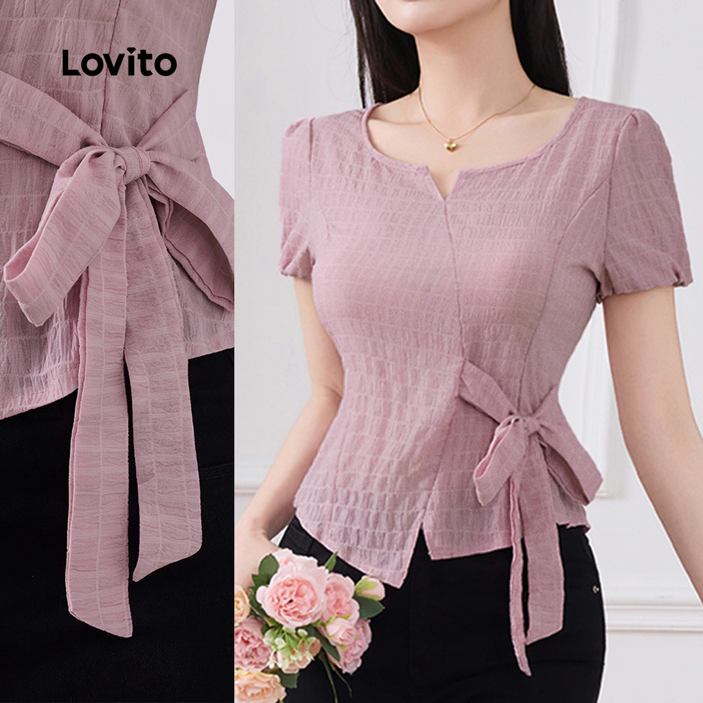 Lovito Elegante Blusa Lisa Com Cadarço Assimétrico Na Frente Primavera/Verão Rosa Para Mulheres Bordado L135A2D464