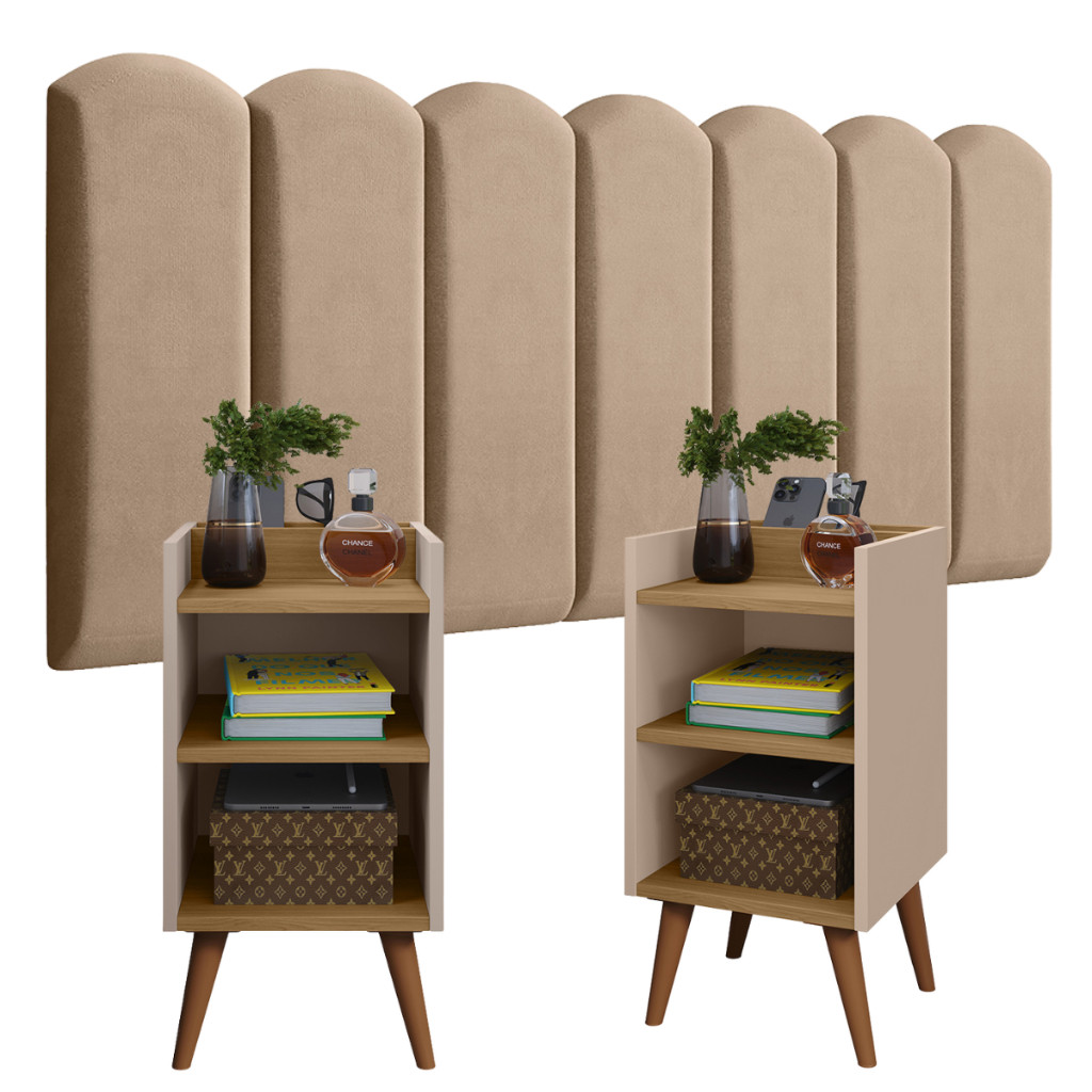 Cabeceira Modulada Nuvem Estofada + 2 Mesas de Cabeceira com Nicho Organizador e Porta Celular