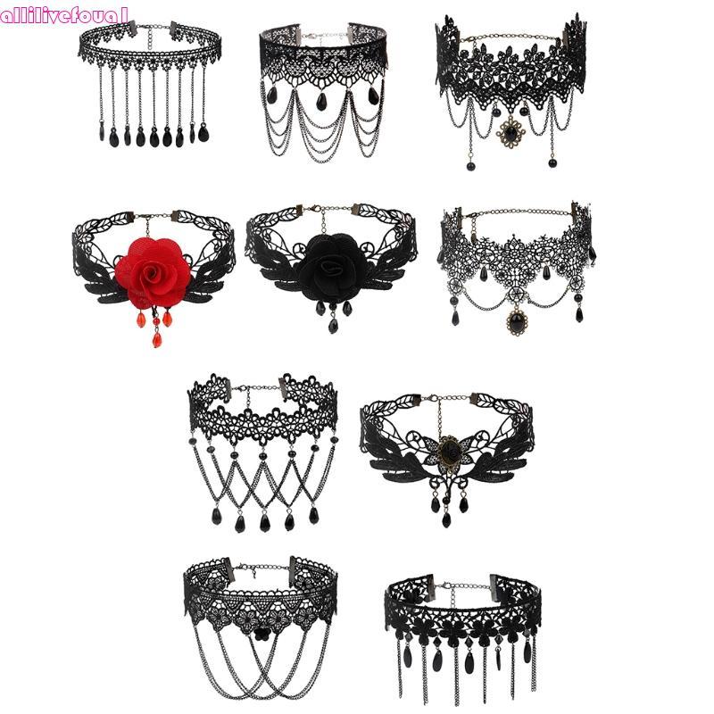 allilivefoua1 Halloween Lace Neck Chain Saias Pretas Decote Borla Clavícula Corrente Declaração Gargantilha