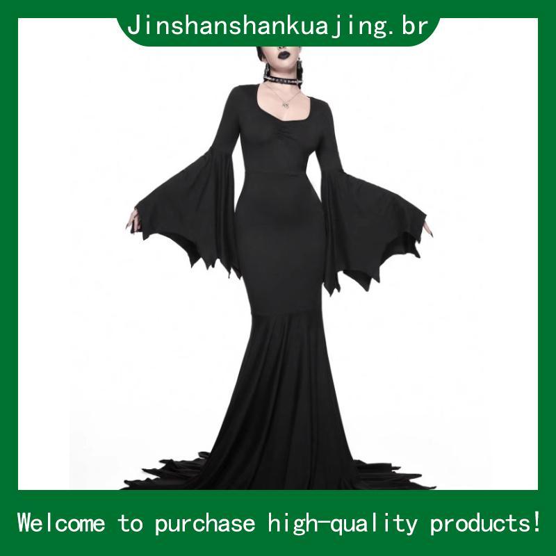 Fantasia  Vestido Preto Adulta Feminina Morticia Addans  Haloween Carnaval Festa a Fantasia Luxo