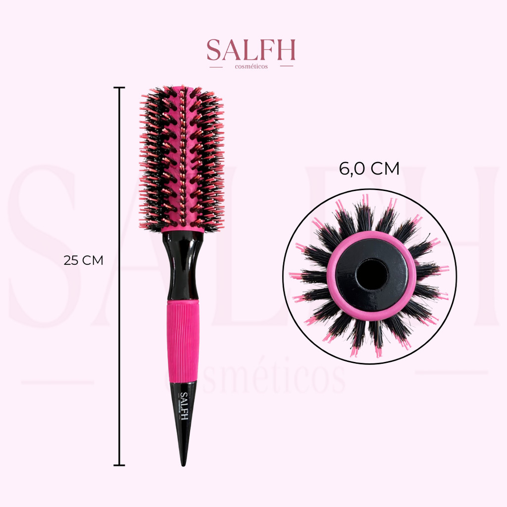 Escova Térmica Profissional de Cabelo Ceramica Cerdas Duplas Javali Nylon 60mm de Diâmetro Cor Rosa