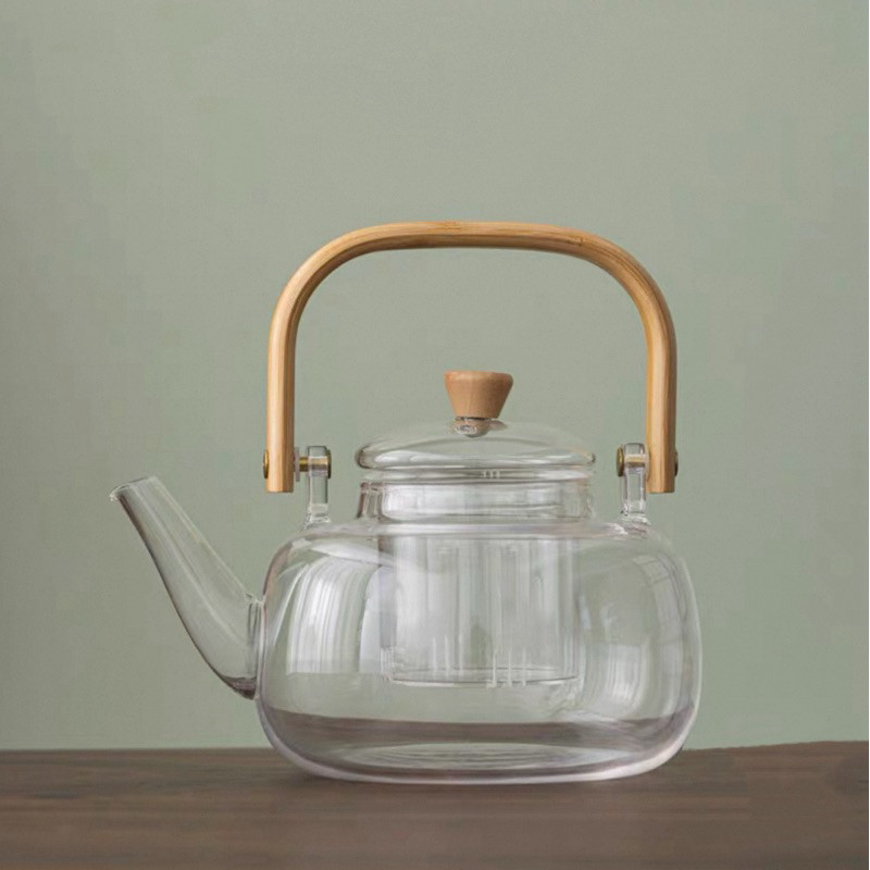 Chaleira de vidro 1Litro com alça de madeira
