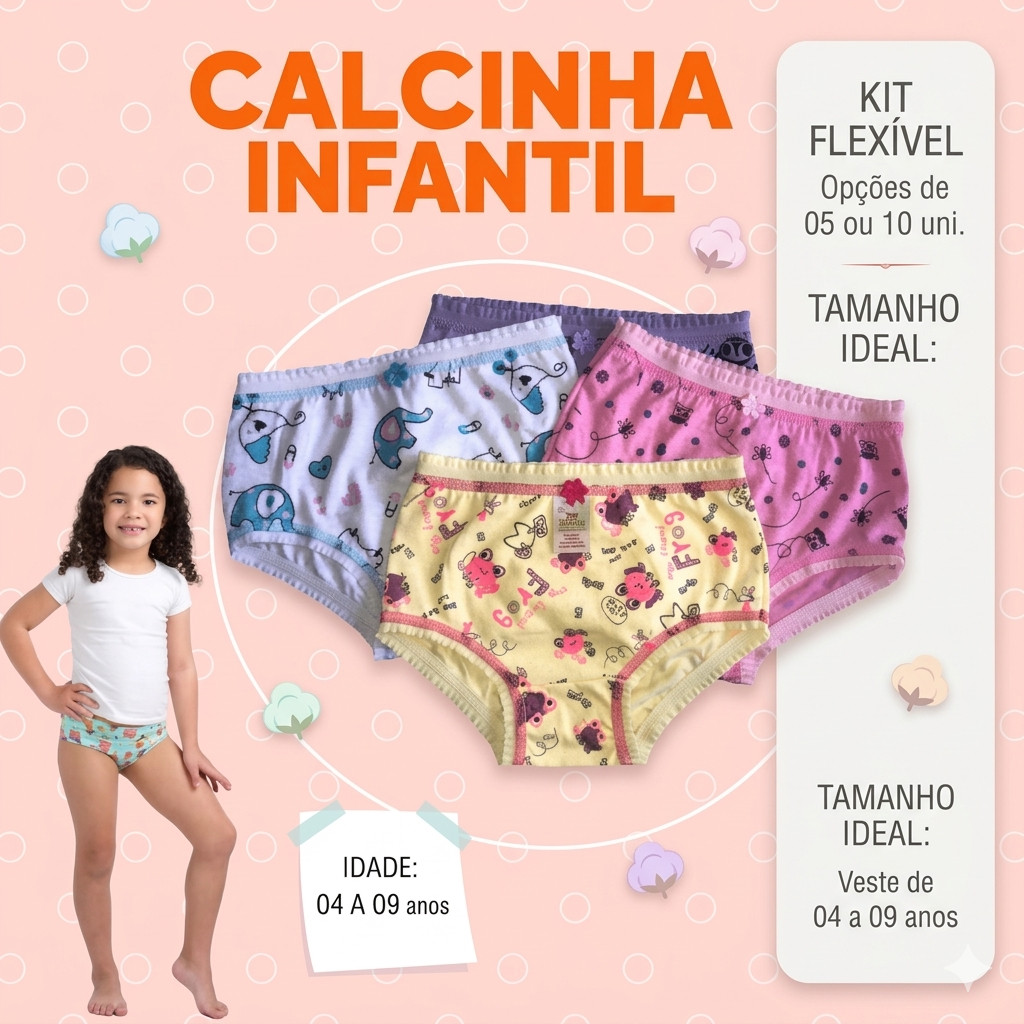 Kit Calcinha Infantil Algodão 10 Peças Conforto Meninas 4 a 9 Anos inverno confortavel
