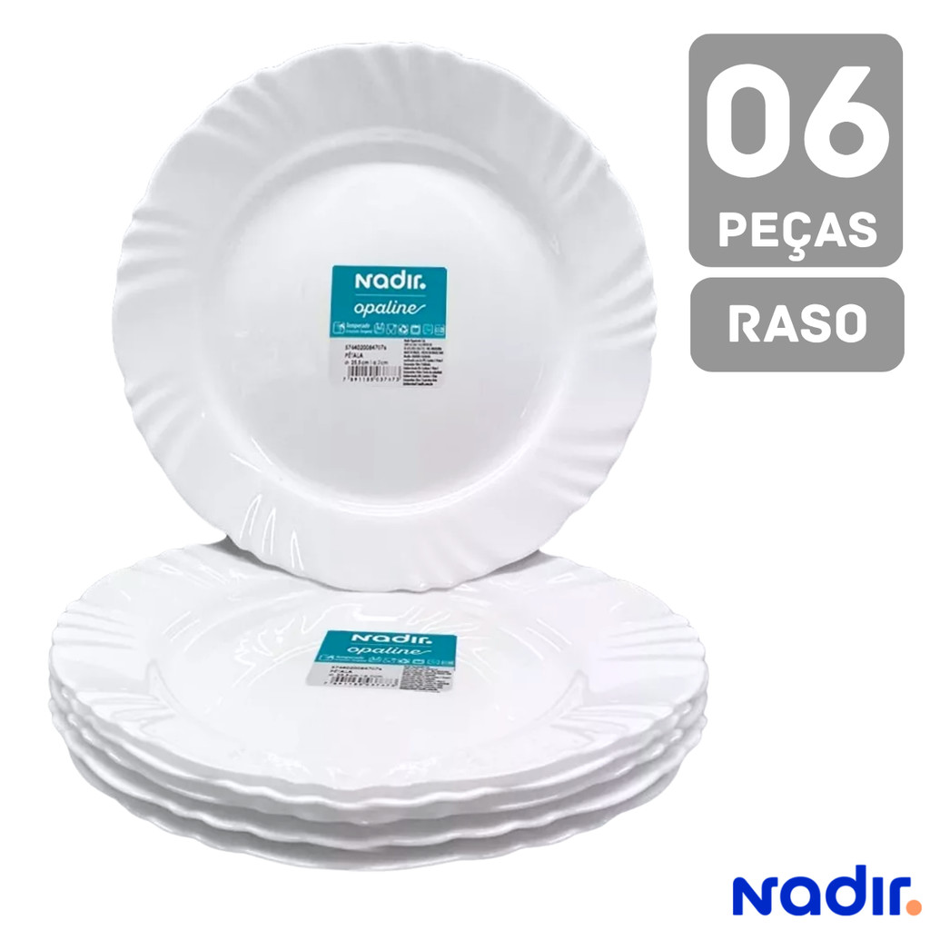 Prato Raso Opaline Pétala Branco 6 Peças Resistente em Vidro Temperado