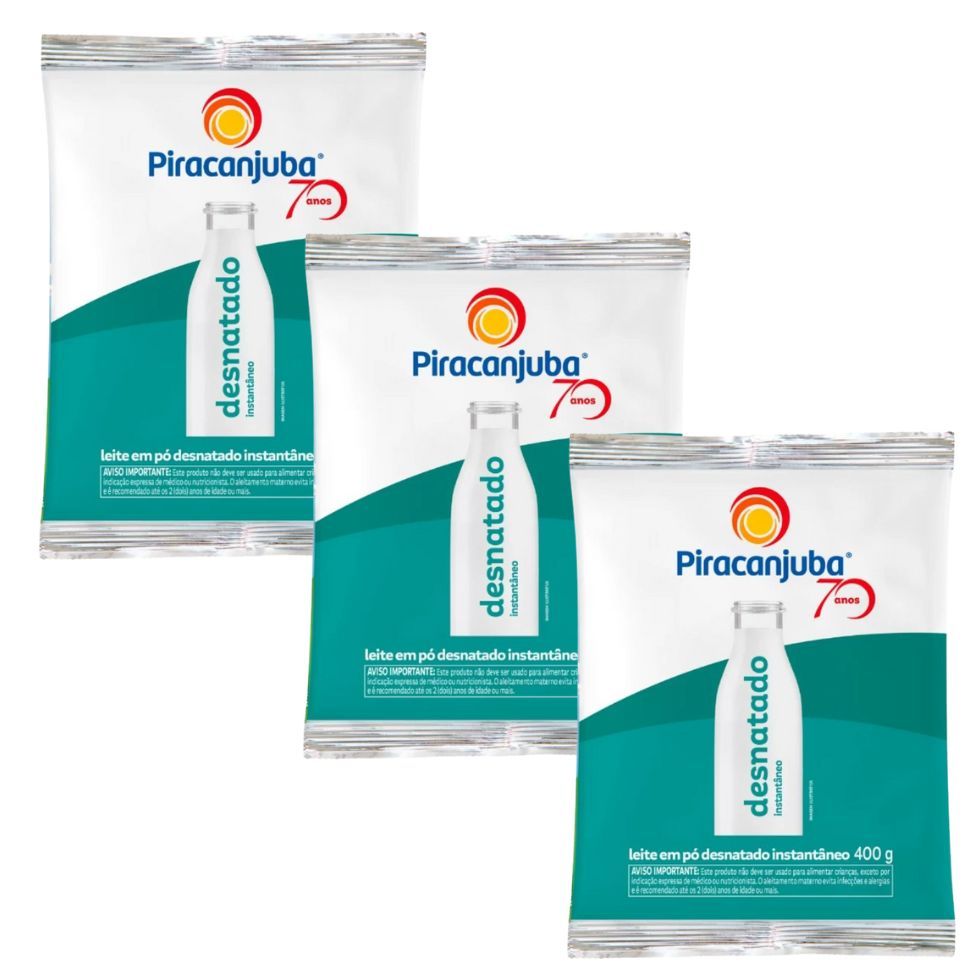 Kit 3 Leite em Pó Desnatado Instantâneo 400g Piracanjuba em Oferta na Shopee