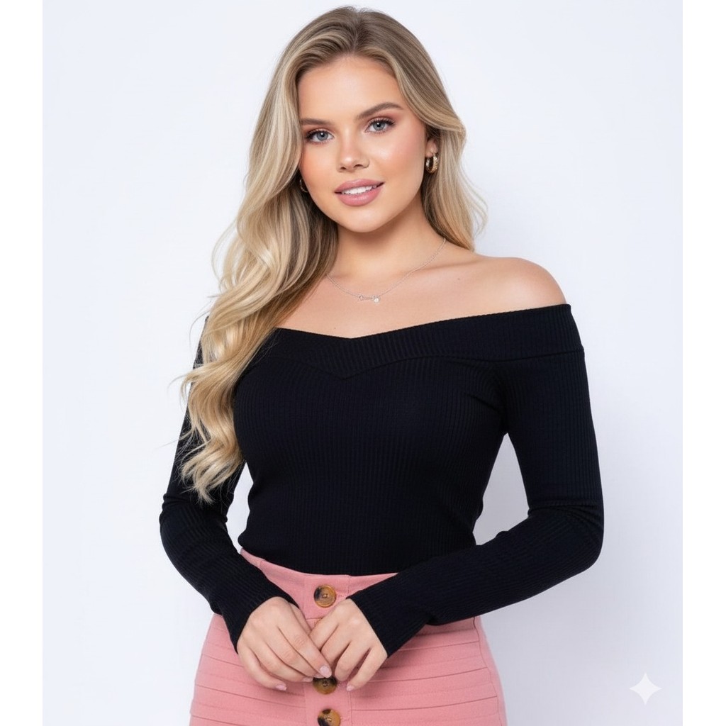 blusa feminina canelada ombro a ombro elastano manga longa top lançamento