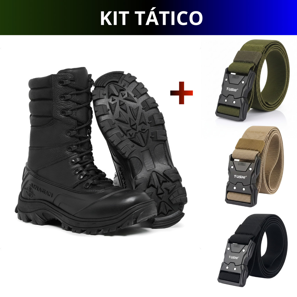 Kit Bota Coturno Militar Couro Legítimo + Cinto Masculino Confortável Versátil Estiloso Tático