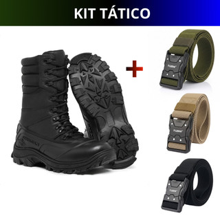 Kit Bota Coturno Militar Couro Legítimo + Cinto Masculino Confortável Versátil Estiloso Tático