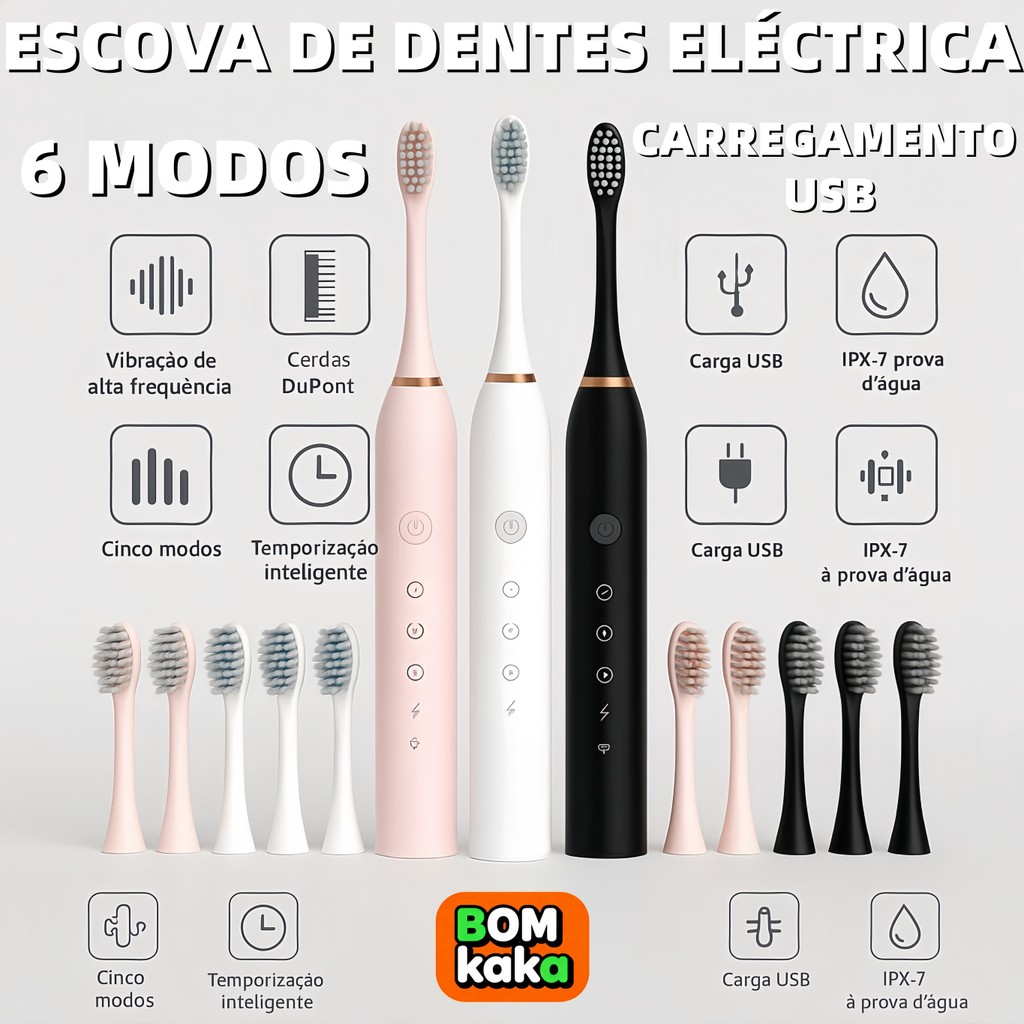 Kit Escova Dental Elétrica Sônica Recarregável IPX7 à Prova d’Água c/ 2 Cabeças Substituíveis em Oferta na Shopee