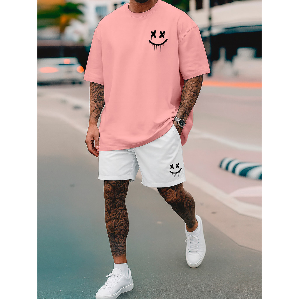 Kit Camiseta e Short Tactel Masculino Streetwear Smile Camisa Algodão Premium 26.1