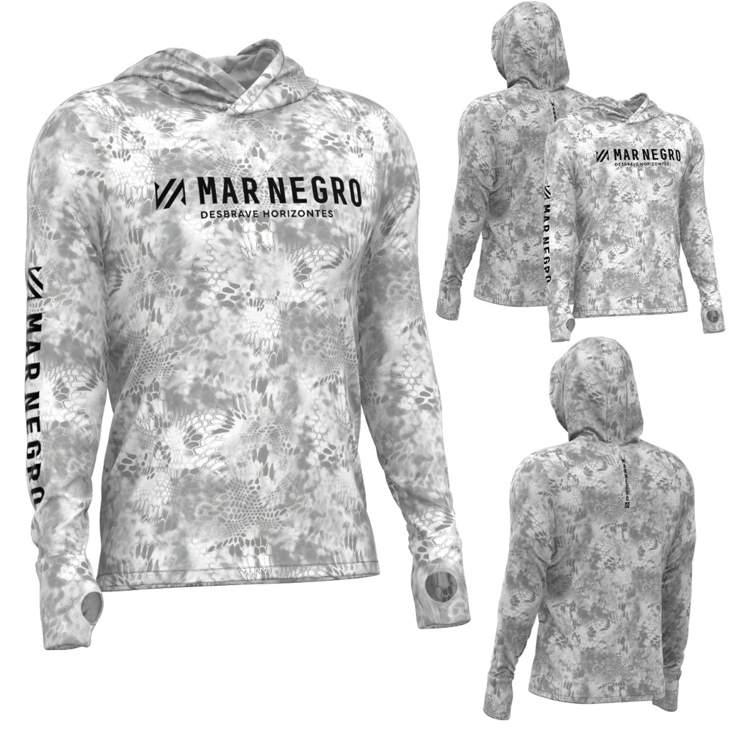 Camisa De Pesca com Capuz Cruzado e Proteção Solar Mar Negro X Protection Sublimada Camuflada Clear com Luvinha de Punho