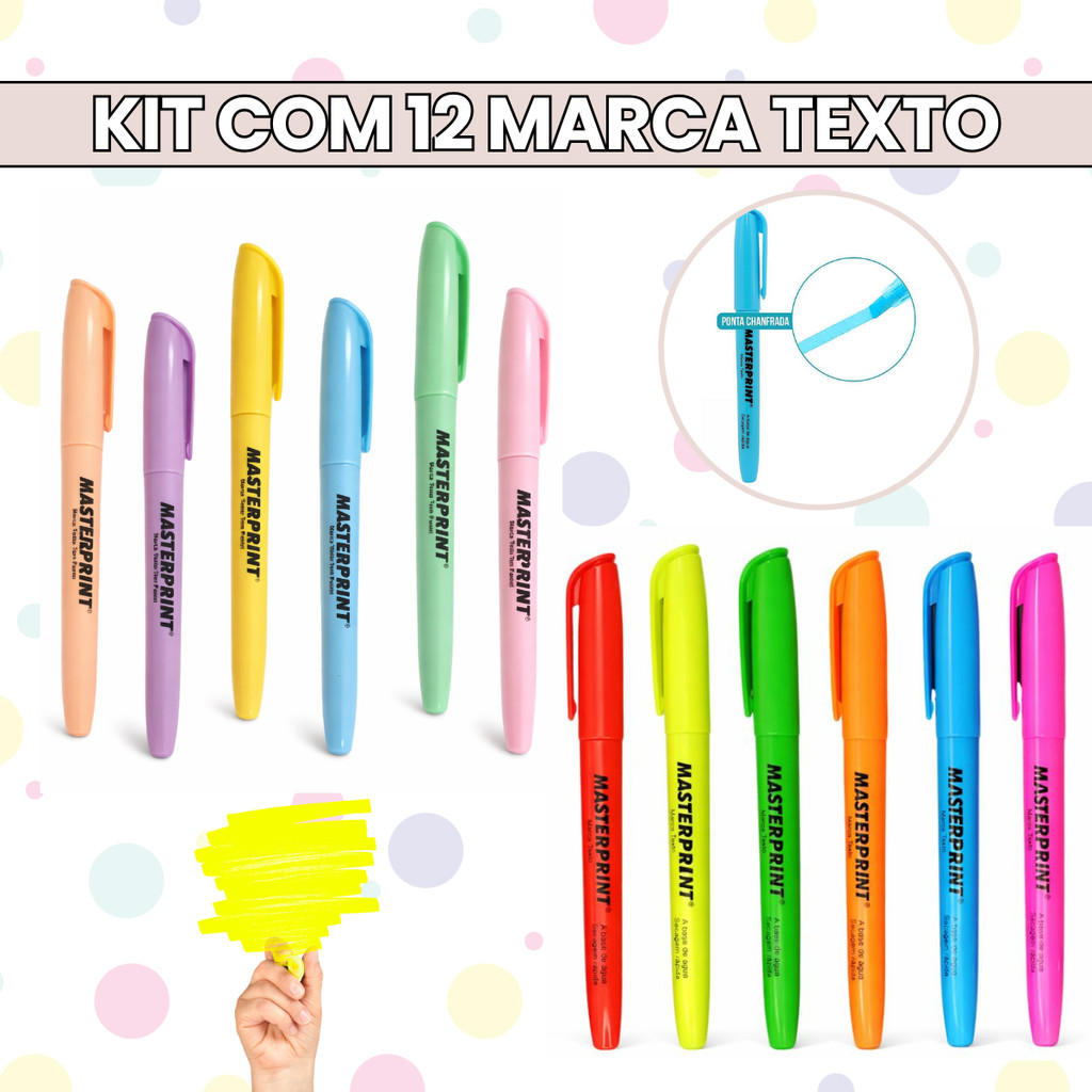 Pacote 12 Canetas Marca Texto Masterprint Coloridas com Cores Neon e Pastel para Uso Escolar em Oferta na Shopee