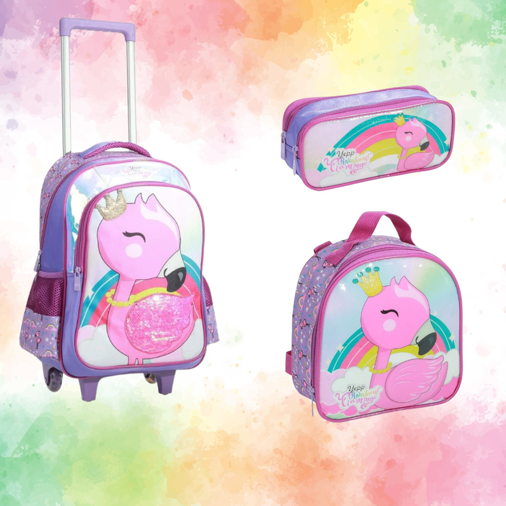 KIT MOCHILA ESCOLAR INFANTIL FLAMINGO/ FLAMINGO/COM RODINHAS/KIT MOCHILA+LANCHEIRA+ESTOJO/MODELO 2026