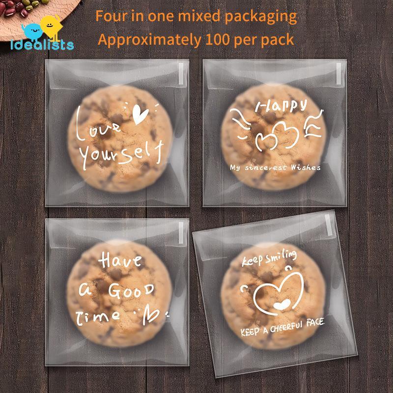 Idealistas 100 Pçs Feliz Sacos Claros Autoadesivos Doces Biscoitos Padaria Presente Individual Pastelaria Biscoito Embal