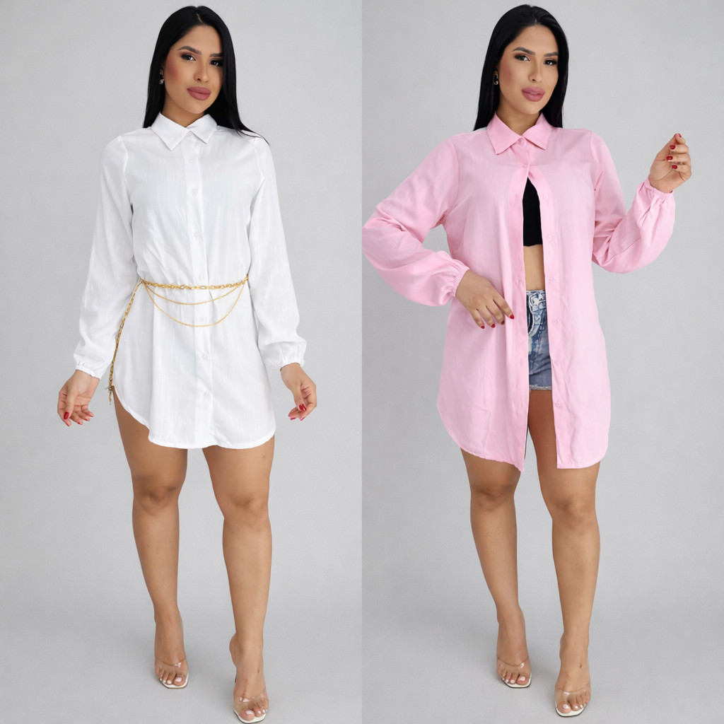 Chemise Feminino Vestido Camisão Duna Curto com Botões P M G GG Manga Longa Slim Plus Size Saida de Praia Verão Carnaval