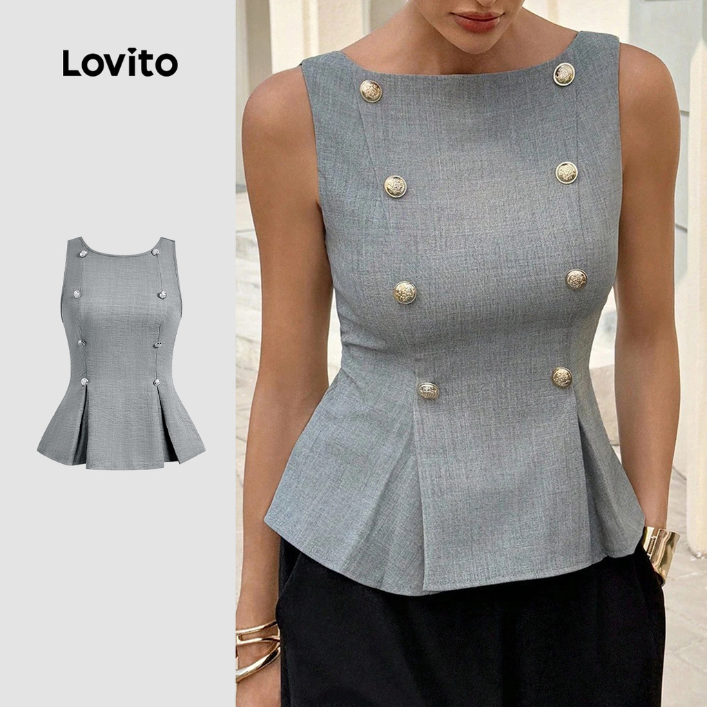 Lovito  Top Elegante com Botão Superior e Pregas para Primavera/verão Cor Cinza para mulheres. LBL32083 em Oferta na Shopee