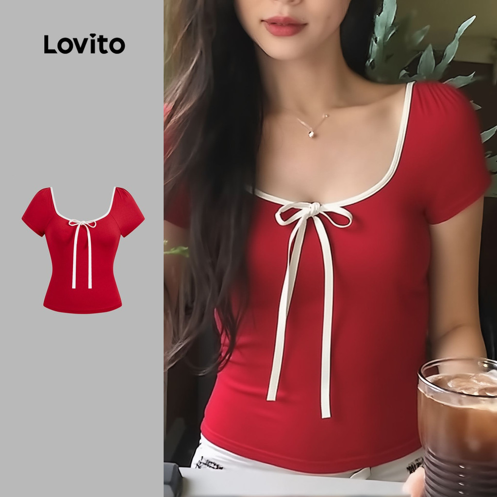 Lovito Camiseta Feminina Fofa Para Festa Com Amarração Frontal Estilo Casual Primavera/verão Vermelha L173AD345 em Oferta na Shopee
