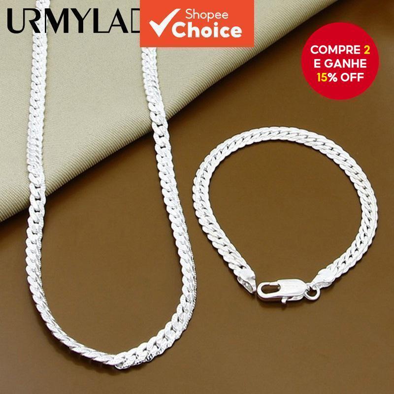 Conjunto De Corrente De Prata URMYLADY 2 Peças 6 Mm Colar Lateral Pulseira Presente Unissex