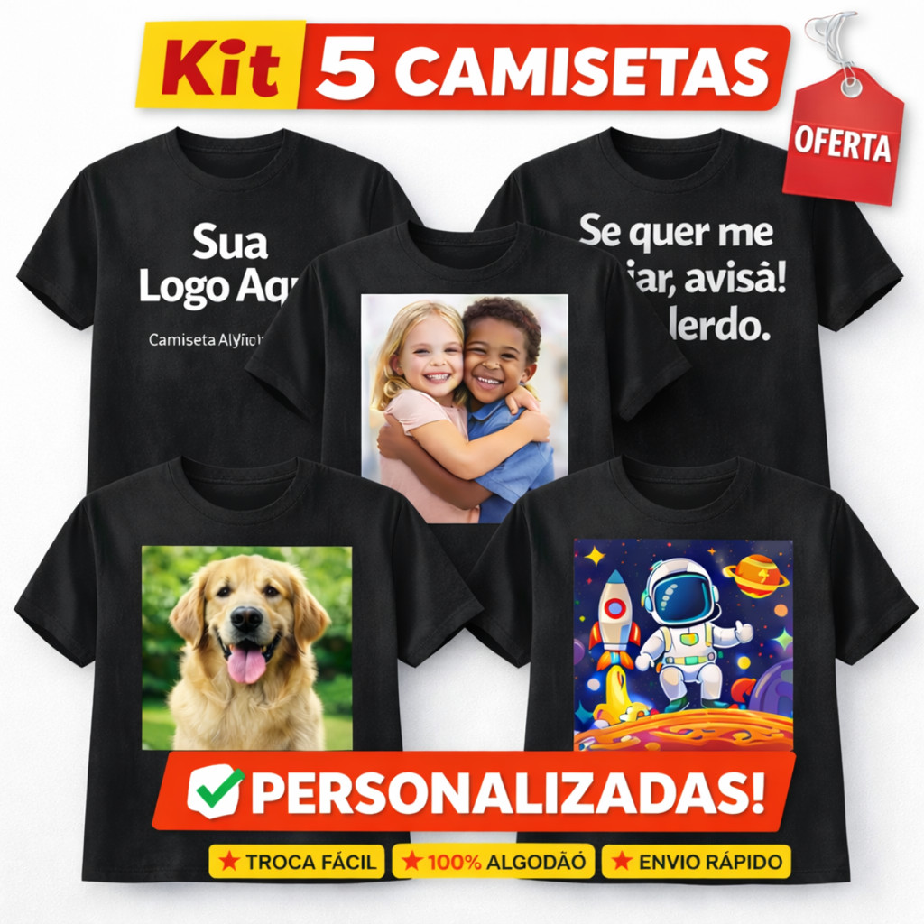 Kit 5 Camisas Camisetas Personalizadas Conjunto Casal Sua Logo Aqui 100% Algodão