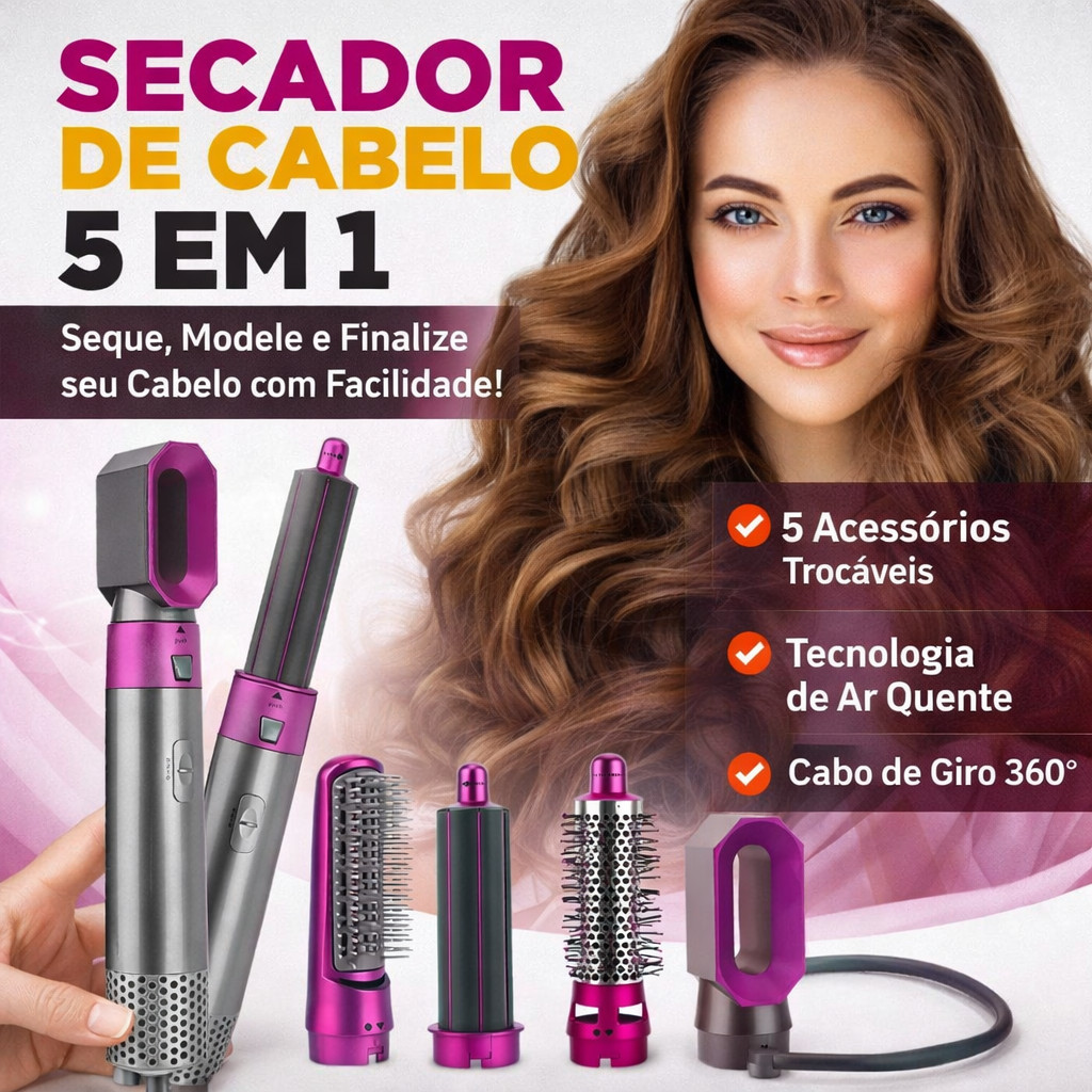Escova 5 em 1 Secador, Pente, Modelador, Aumenta volume Profissional 110V E 220V