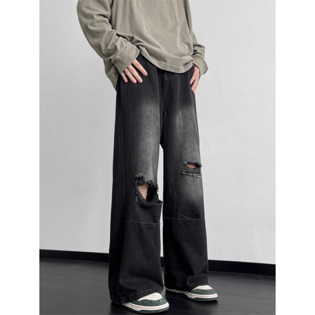 Calças Jeans Rasgadas Retro Lavadas e Desgastadas para Homens, Caimento Solto, Calças Longas