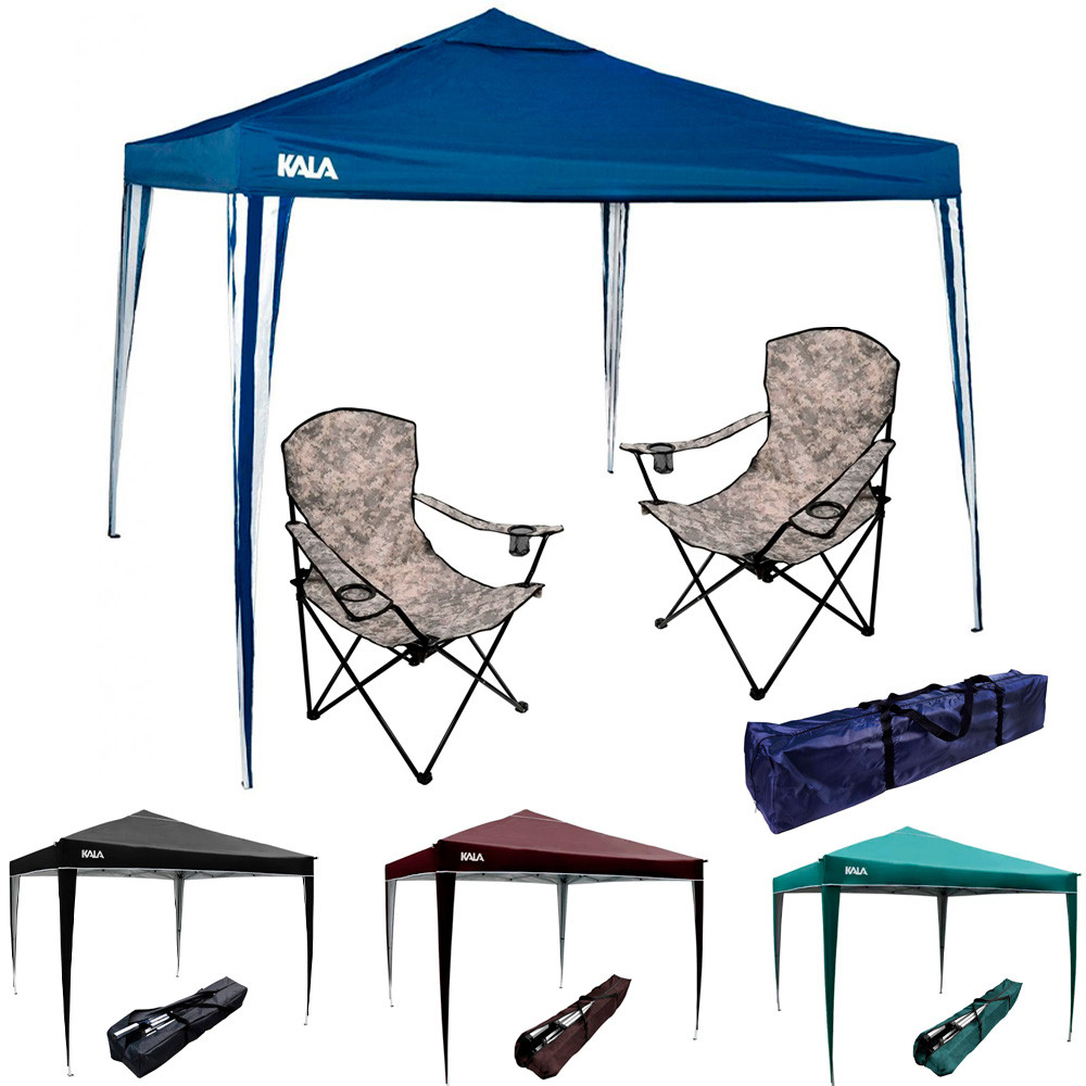 Kit Kala Tenda Gazebo 3x3 Metros Dobrável Bolsa 2 Cadeira Dobrável Camuflada Bolsa Kit Praia Pesca