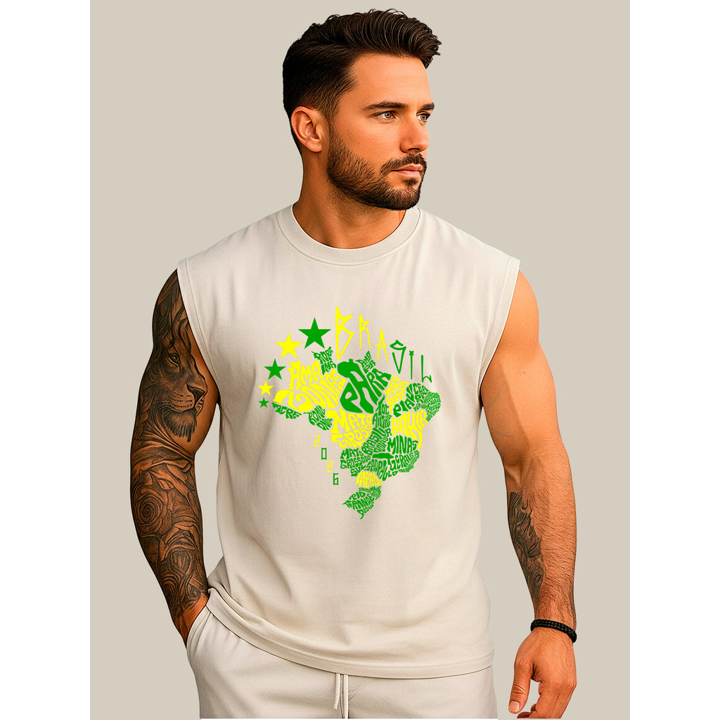 Camiseta Cavada Regata Brasil Masculina Larga Estilo Urbano Treino e Rolê Oversized 100% Algodão Gola Canelada