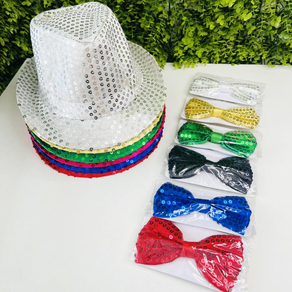 Kit Fantasia Chapéu Malandro + Gravata Borboleta Cor Sortida Lantejoulas Carnaval Acessórios Silver