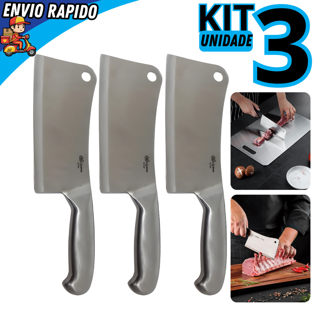 Kit 03 Faca Cutelo Em Inox Machadinho Profissional Escovado Linha Texas N°6