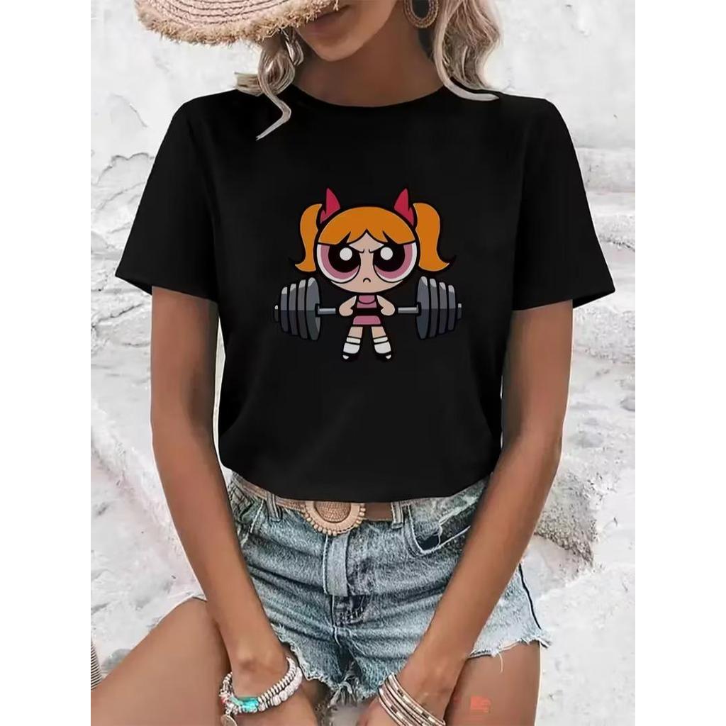 Camiseta Feminina Streetwear Algodão Penteado Infantil Adulto Plus Size Estampa Florzinha Rosa Meninas Super Poderosas