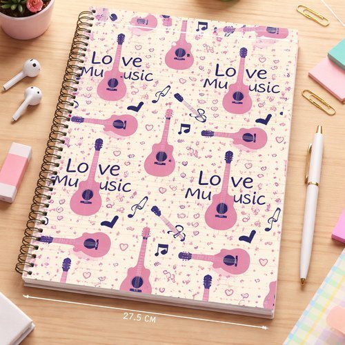 Caderno Música Partituras 80 Folhas Notas Musicais Capa Dura Violão Rosa Material Escola de Música Violão