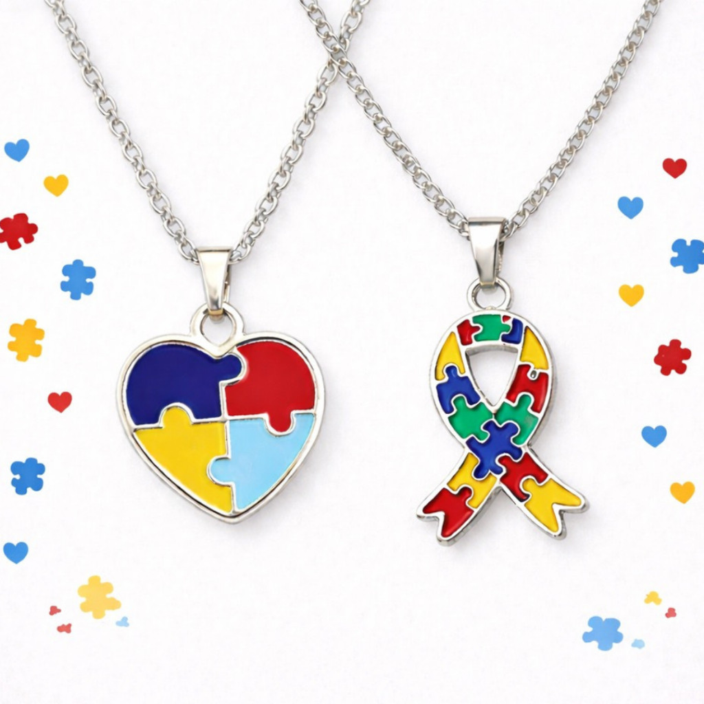 Kit 2 Colar do Autismo Coração Quebra Cabeça Laço Autista Cordão Aço