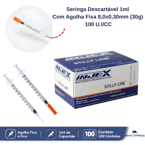 Seringa de Insulina Botox 1ml 100UI com Agulha Fixa e Ultra Fina 8x0,30MM 30G - INJEX em Oferta na Shopee