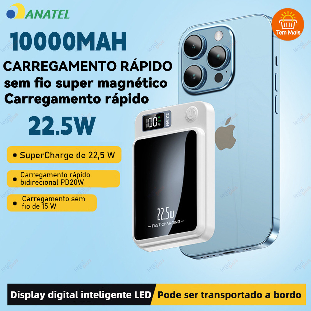 Carregador Portátil com Display 10000mAh e Tecnologia MagSafe para Android e App